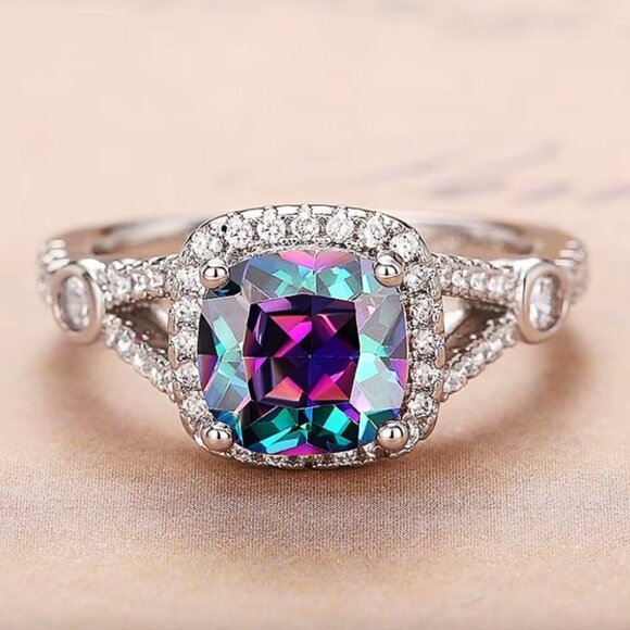 NEW 925 Sterling Silver Diamond Ring Cushion Cut Halo Ring - Picture 3 of 5